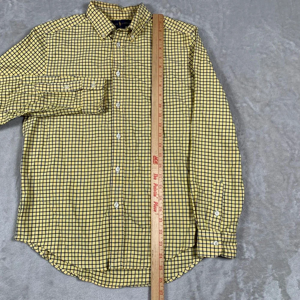 Ralph Lauren Button Down Shirt Boys L 14-16 Yellow Blue Check Long Sleeve Pony